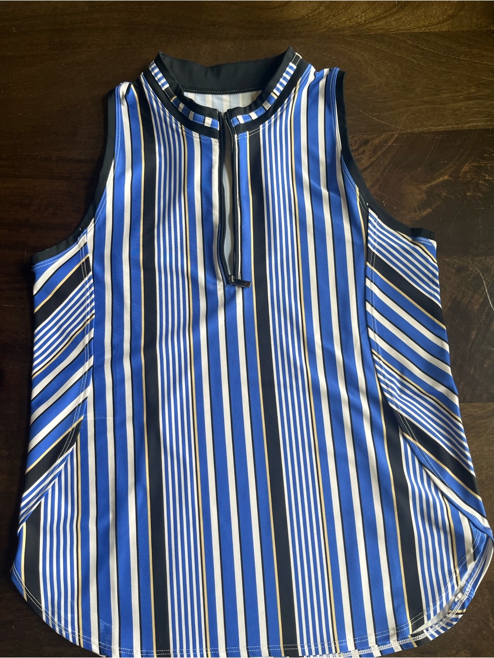 Tail Striped Sleeveless Zip-Front Top in Blue, White & Black